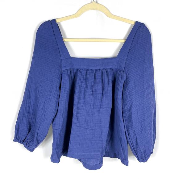 Marine Layer Annabella Square Neck Top Blue Marlin Crinkle Puff Sleeve Sz XS - Picture 8 of 8